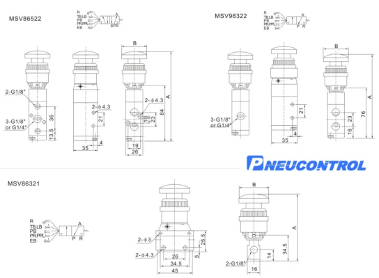 کاتالوگ، لیست قیمت و خرید شیر دکمه ای MSV پنوکنترل PNEUCONTROL سایز 1/4 | مرکز برق